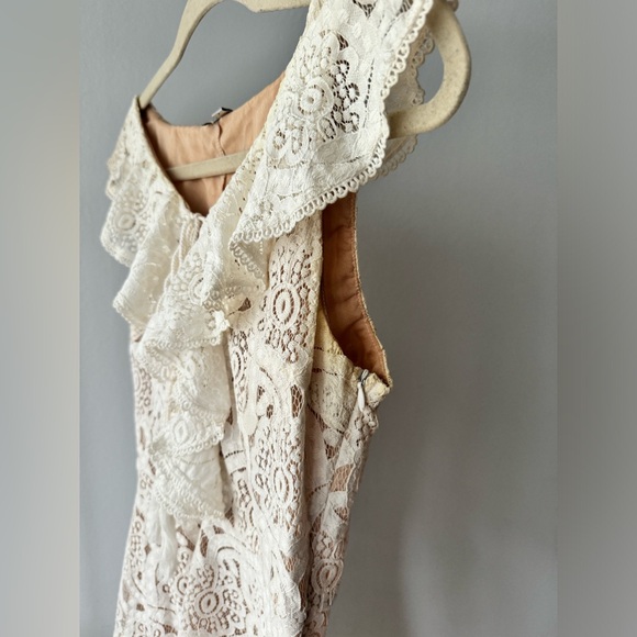 WHITE BRIDAL HI LOW RUFFLE LACE SLEEVELESS MIDI DRESS SZ SMALL - Picture 4 of 6